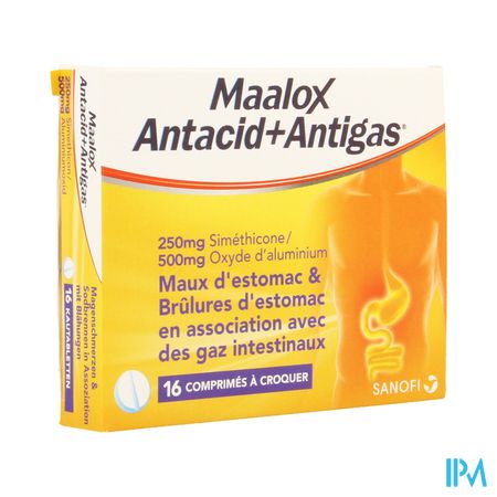 Maalox Antacid+antigas 250mg/500mg Kauwtabl 16